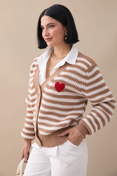 InStyle Πλεκτή Ζακέτα Heart Stripe Camel