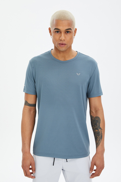 bilcee Men's Blue Crew Neck Short Sleeve Training Fitness Sports T-Shirt 1332