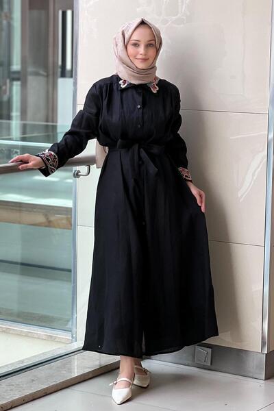 Ghisa Linen Dress with Sequin Beading on Collar and Sleeve Tips