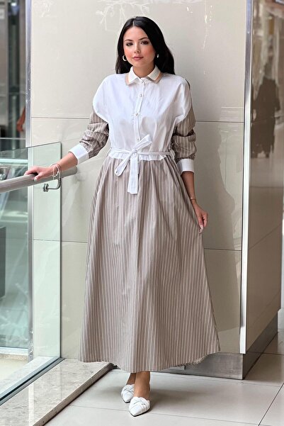 Ghisa Knitwear Collar Half Button Striped Cotton Dress