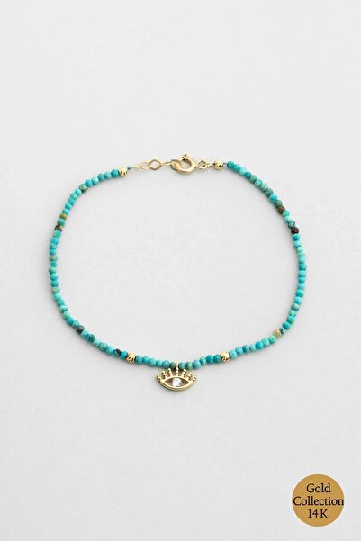 So CHIC... Doğal Turkuaz Taşlı Göz Figürlü 14 Ayar Altın Bileklik