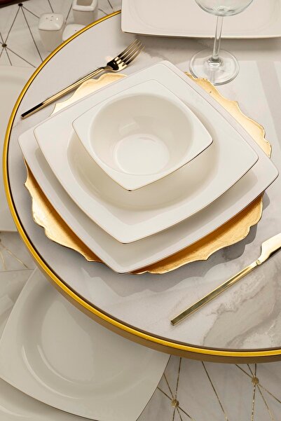 Kütahya Porselen Bone Mare 62 Parça 12 Kişilik Yemek Takımı Altın Fileli