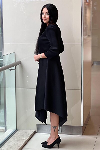 Mahal Asymmetrical Cut Accordion Midi Dress with Cross Tie Detail