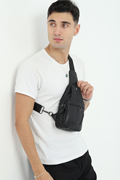 en deri Men's Black Multi-Compartment Daily Cross Strap Shoulder Bag