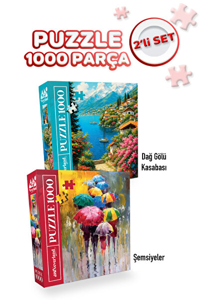 Neverland 2 ADET 1000 PARÇA PUZZLE - DAĞ GÖLÜ KASABASI VE ŞEMSİYELER