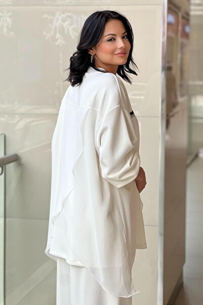 Ghisa Breast Stripe Stone Chiffon Detailed Tunic Trousers Set