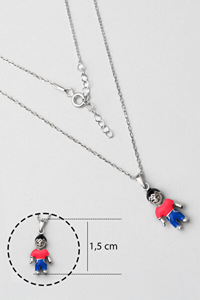 So CHIC... Kırmızı Çocuk Figürlü 18 Ayar Beyaz Altın Kaplama Gümüş 33 Cm Çocuk Kolye