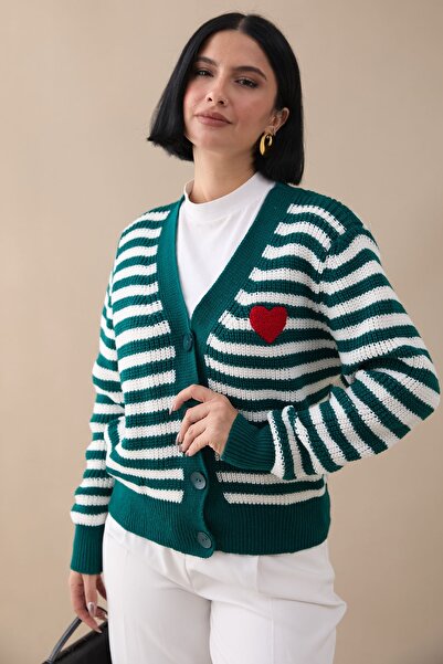 InStyle Σμαραγδένια Πράσινη Πλεκτή Ζακέτα με Καρδιά Ρίγα