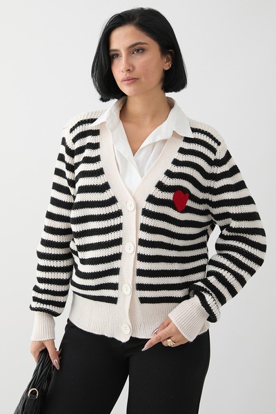 InStyle Heart Striped Ecru Knitwear Cardigan