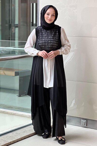 Nurcan Çetin File Detailed Cape Shirt Pants Set