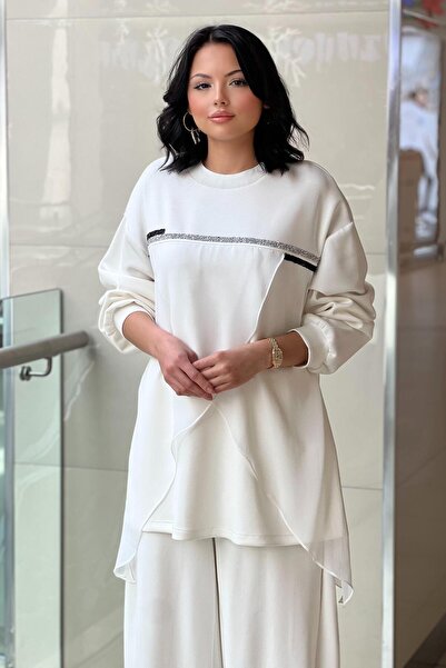 Ghisa Breast Stripe Stone Chiffon Detailed Tunic Trousers Set