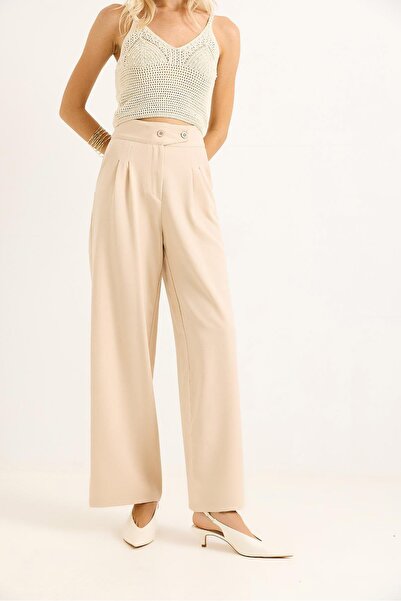 Raneel Kazançlı Alışveriş Stylish Fabric Wide-Leg Trousers with Two Buttons B...