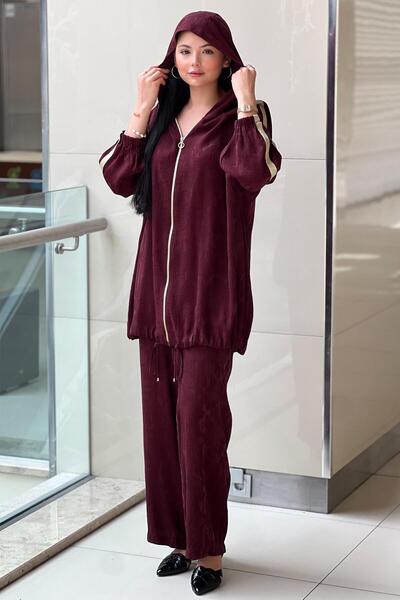 Ghisa Hooded Cap Pants Set with Striped Sleeves