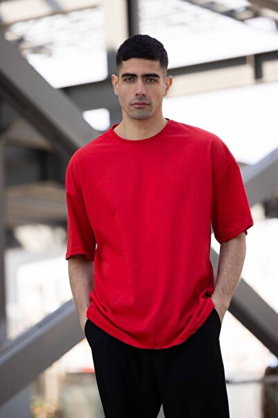 MEYWEAR Plain Red Oversize Crew Neck Boyfriend Cotton Boyfriend T-Shirt
