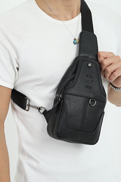 en deri Men's Black Multi-Compartment Daily Cross Strap Shoulder Bag