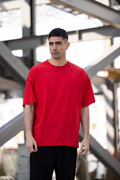 MEYWEAR Plain Red Oversize Crew Neck Boyfriend Cotton Boyfriend T-Shirt