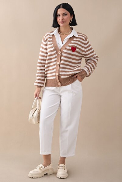 InStyle Πλεκτή Ζακέτα Heart Stripe Camel