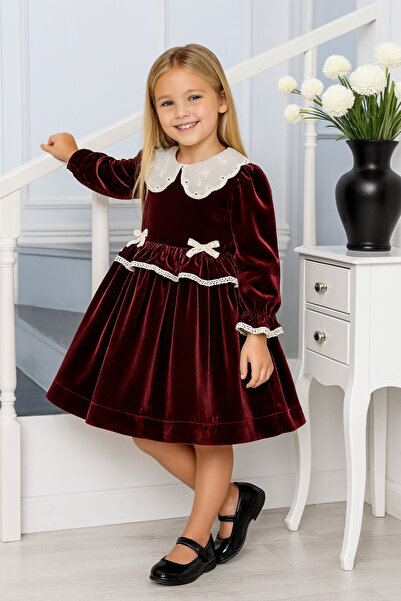Eray Kids Kız Bebek Elbise Kadife Kız Bebek Dantel Detaylı Bebe Yaka Şık Elbi...
