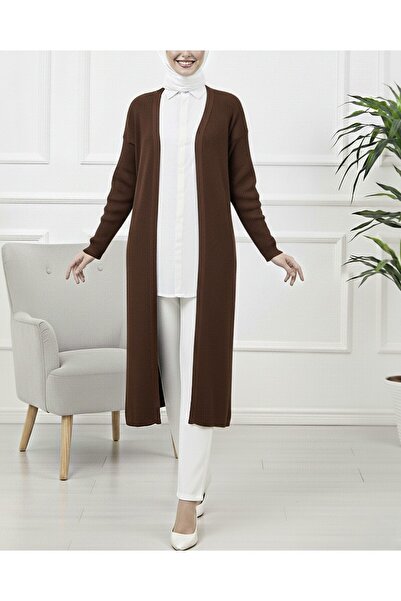 Modamorfo Дълъг плетен кардиган със странични цепки - Кафе