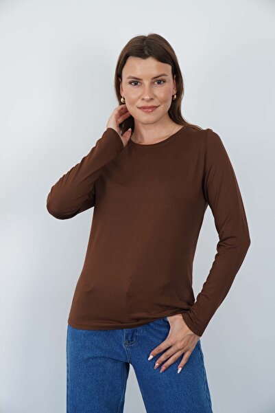 penyebizden Γυναικείο T-shirt με λαιμόκοψη Viscose Lycra μακρυμάνικο-καφέ