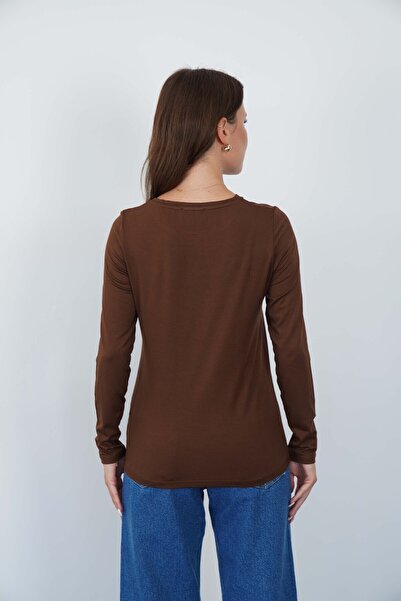 penyebizden Γυναικείο T-shirt με λαιμόκοψη Viscose Lycra μακρυμάνικο-καφέ