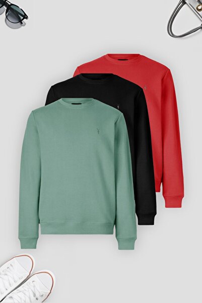 COMBİNE MİCHAİL Erkek 3-lü Kırmızı-çağla-siyah Sweatshirt Basic Bisiklet Yaka