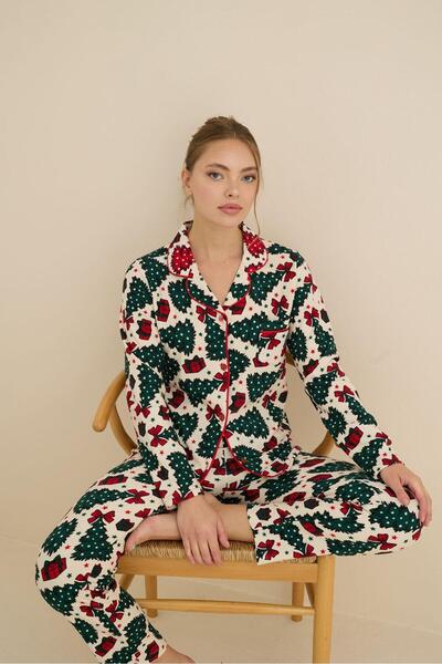 Mutlu City Γυναικείο σετ πιτζάμες Πρωτοχρονιάς με κουμπιά από μαλακό ύφασμα υψηλής ποιότητας 3026