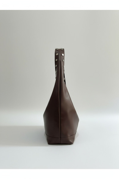 KISCHE Large Shoulder Handbag Lined Studded Casual Bitter Coffee Bag