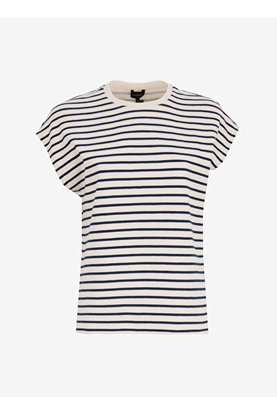 Fabrika Bisiklet Yaka Çizgili Ekru - Lacivert Kadın T-Shirt F5SL-TST0189