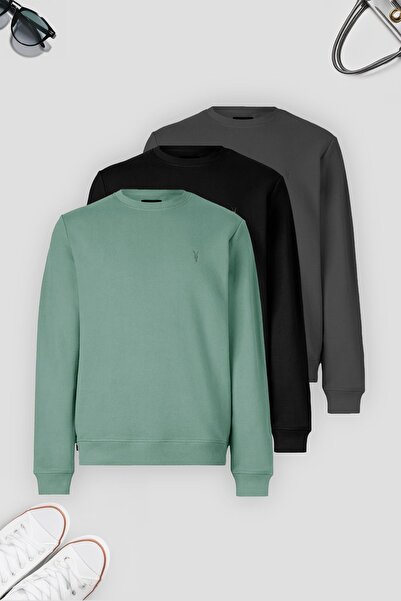 COMBİNE MİCHAİL Pánská mikina Set 3 - kouřová, černá, Basic Crew Neck