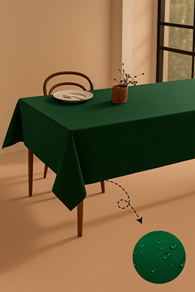 Soft Kare Panama Keteni Sıvı Geçirmez Yeşil Renk Masa Örtüsü