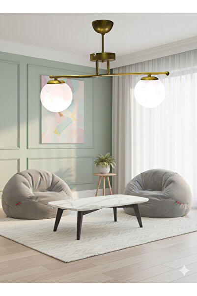 Luzarana Galaksi Modern Tasarım Sarı 2'li Beyaz Camlı Metal Gövde Avize | Salon, Yatak Odası ve Mutfak İçin