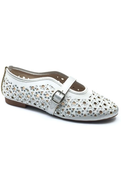 KCMN Pantofi de balerină pentru femei Feles Hole Stone Detailed SILVER