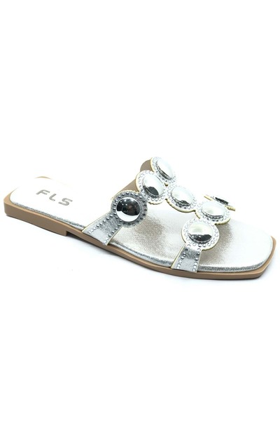Kocamanlar Ayakkabı Feles Thin Sole Stone Detailed Women's Slippers Silver