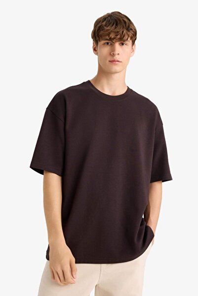 DeFacto Υπερμεγέθη φαρδύ λαιμόκοψη βαρύ ύφασμα Basic μονόχρωμο κοντομάνικο μπλουζάκι E9798AX25AU