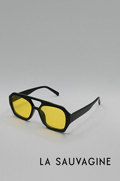 La sauvagine Sarı Camlı Oversize Geometrik Unisex Güneş Gözlüğü – Siyah Çerçe...