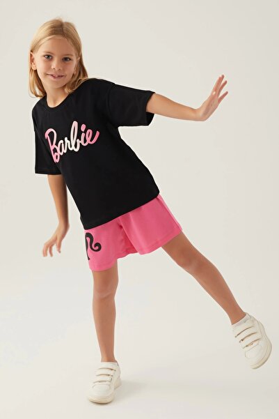 Barbie Lisanslı L1703 Patterned T-shirt Ve Şort Alt Üst Kız Çocuk Takımı Krem