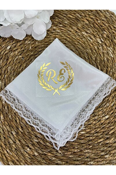 imzatasarım Beyaz Dantel Kenarlı Isme Özel Yaldız Yazılı Söz Mendili Gold Ren...