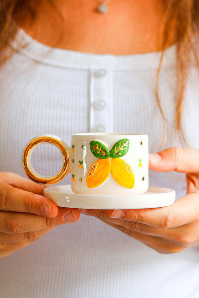 Özce Art Ceramic Atelier فنجان قهوة تركي مع صحن مصنوع يدويًا بنقش الليمون وتف...