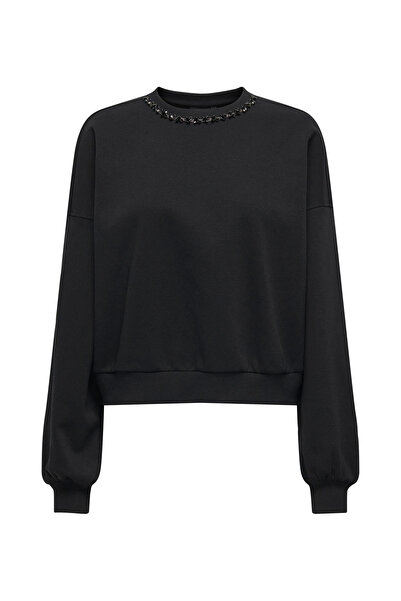 ONLY O Yaka Taşlamalı Siyah Kadın Sweatshırt ONLKIARA L/S O-NECK EMBELLISHMENT S