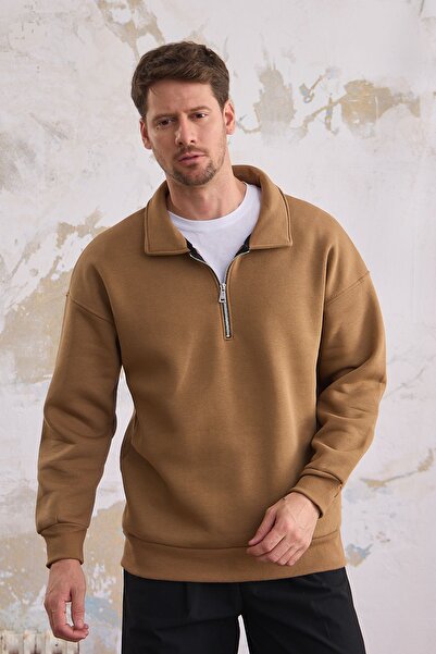 COMBİNE MİCHAİL Чоловічий світшот на блискавці карамельного кольору