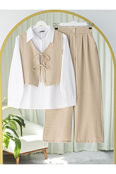 Modamorfo Front Lace-Up Trouser Vest Double Linen Suit -Mink