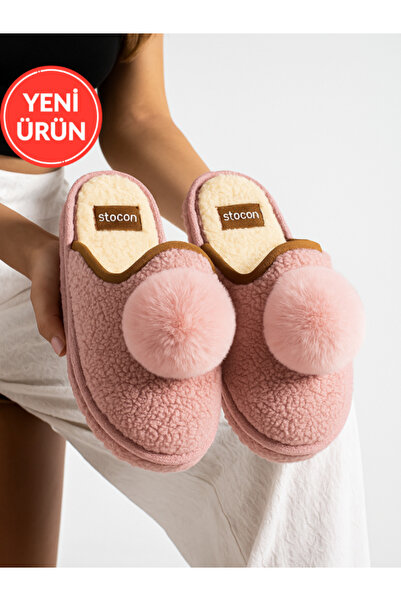 STOCON شباشب منزلية نسائية مزينة بكرات الصوف، لا تصدر صوتًا، نعل سميك، شباشب شتوية STC1162