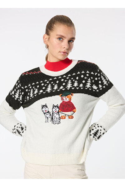 Fabrika Bisiklet Yaka Jakarlı Çok Renkli Kadın Kazak F4WL-KZK0575