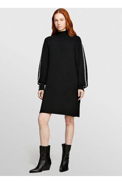 Sisley High Collar Black Midi Women's Dress 1076Lv00Y