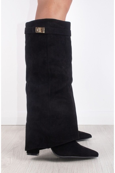 MYVOLANTE Cizme cu toc pentru femei din piele intoarsa neagra cu detaliu de husa de praf Volante