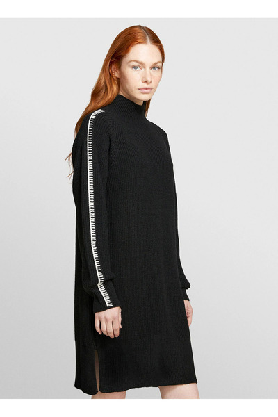 Sisley High Collar Black Midi Women's Dress 1076Lv00Y