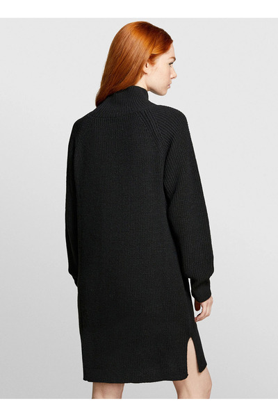 Sisley High Collar Black Midi Women's Dress 1076Lv00Y