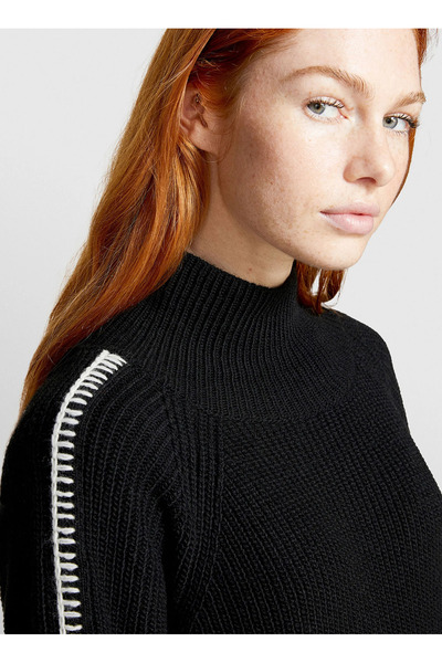 Sisley High Collar Black Midi Women's Dress 1076Lv00Y