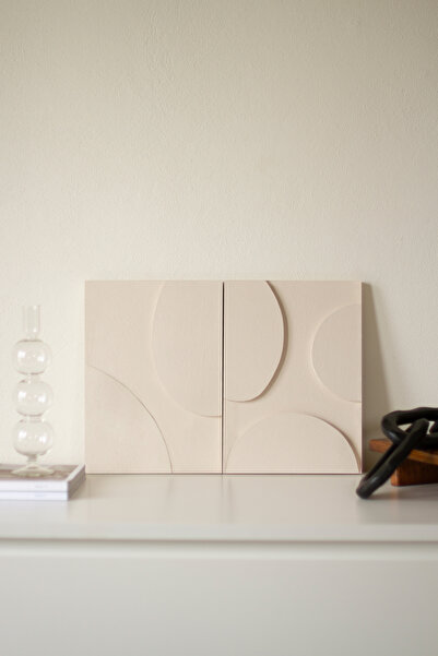 BEIGE 2'li Ahşap Dokulu Açık Bej Soyut Tablo